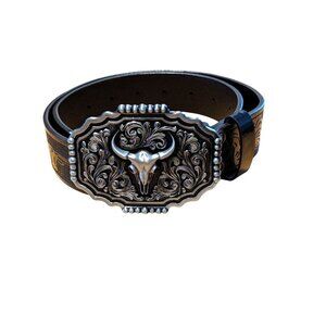 Western Buckle Belt Longhorn Bull Head Buckle Western Cowboy Style Unisex Black